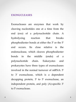 EXONUCLEASES
Exonucleases are enzymes that work by
cleaving nucleotides one at a time from the
end (exo) of a polynucleotide chain. A
hydrolyzing reaction that breaks
phosphodiester bonds at either the 3’ or the 5’
end occurs. Its close relative is the
endonuclease, which cleaves phosphodiester
bonds in the middle (endo) of a
polynucleotide chain. Eukaryotes and
prokaryotes have three types of exonucleases
involved in the normal turnover of mRNA: 5’
to 3’ exonuclease, which is a dependent
decapping protein, 3’ to 5’ exonuclease, an
independent protein, and poly (A)-specific 3’
to 5’ exonuclease.
 