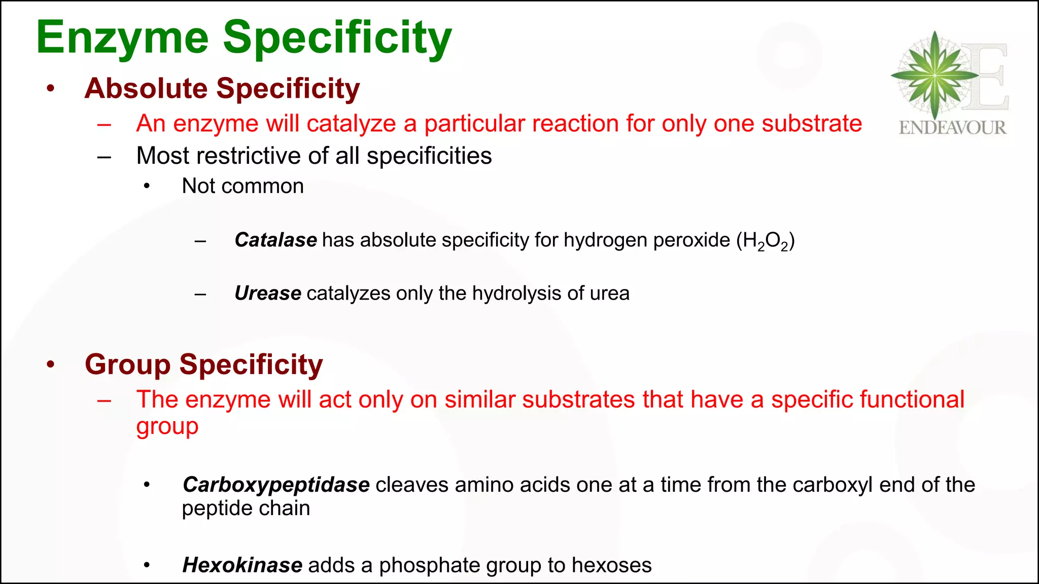 Enzyme Specificity
• Absolute Specificity
– An enzyme will catalyze a particular reaction for only one substrate
– Most restrictive of all specificities
• Not common
– Catalase has absolute specificity for hydrogen peroxide (H2O2)
– Urease catalyzes only the hydrolysis of urea
• Group Specificity
– The enzyme will act only on similar substrates that have a specific functional
group
• Carboxypeptidase cleaves amino acids one at a time from the carboxyl end of the
peptide chain
• Hexokinase adds a phosphate group to hexoses
 