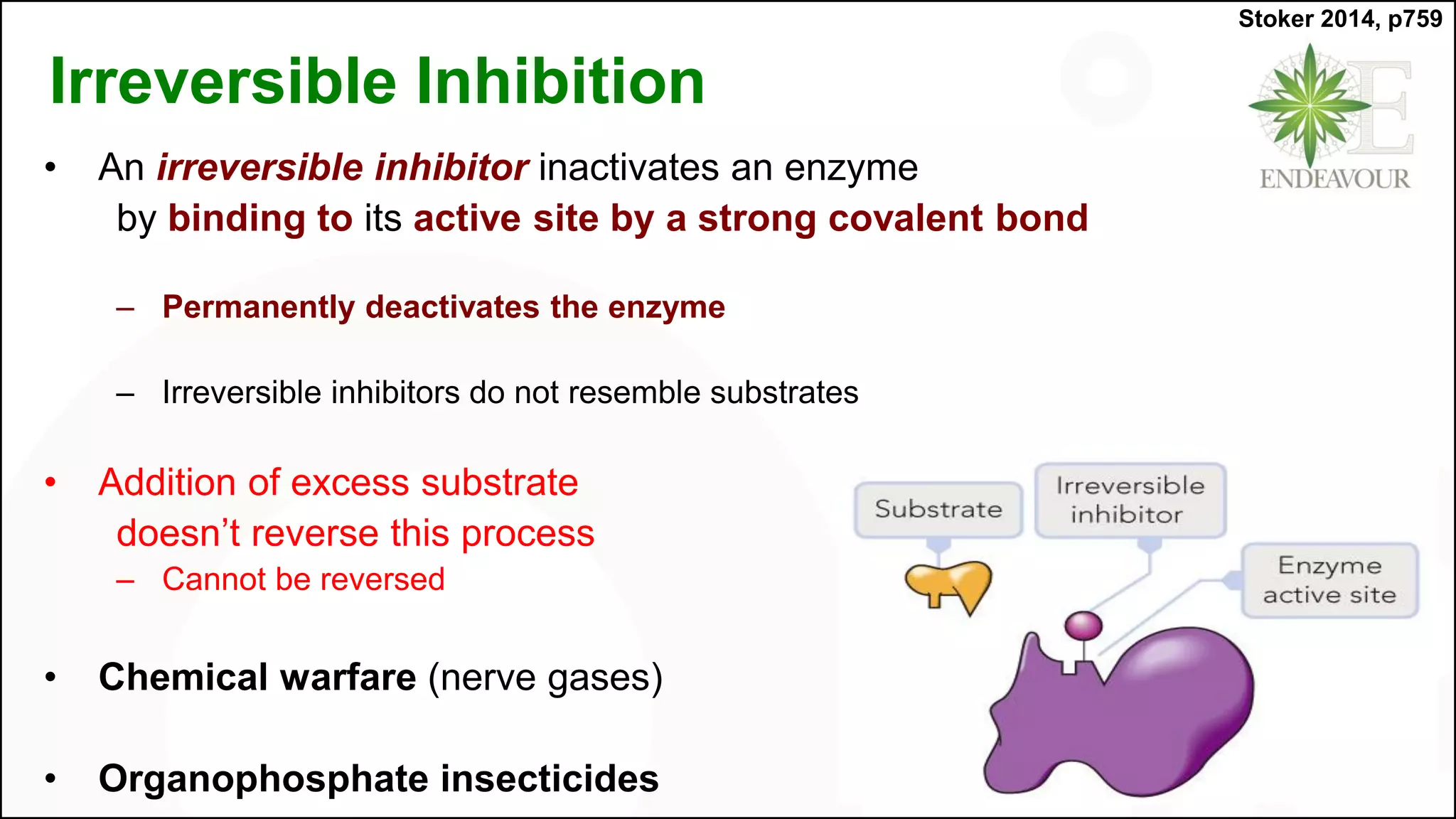 Irreversible Inhibition
• An irreversible inhibitor inactivates an enzyme
by binding to its active site by a strong covalent bond
– Permanently deactivates the enzyme
– Irreversible inhibitors do not resemble substrates
• Addition of excess substrate
doesn’t reverse this process
– Cannot be reversed
• Chemical warfare (nerve gases)
• Organophosphate insecticides
Stoker 2014, p759
 