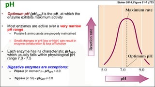 pH
• Optimum pH (pHOPT) is the pH, at which the
enzyme exhibits maximum activity
• Most enzymes are active over a very narrow
pH range
– Protein & amino acids are properly maintained
– Small changes in pH (low or high) can result in
enzyme denaturation & loss of function
• Each enzyme has its characteristic pHOPT,
which usually falls within physiological pH
range 7.0 - 7.5
• Digestive enzymes are exceptions:
– Pepsin (in stomach) – pHOPT = 2.0
– Trypsin (in SI) – pHOPT = 8.0
Stoker 2014, Figure 21-7 p753
 