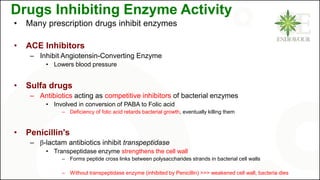 Drugs Inhibiting Enzyme Activity
• Many prescription drugs inhibit enzymes
• ACE Inhibitors
– Inhibit Angiotensin-Converting Enzyme
• Lowers blood pressure
• Sulfa drugs
– Antibiotics acting as competitive inhibitors of bacterial enzymes
• Involved in conversion of PABA to Folic acid
– Deficiency of folic acid retards bacterial growth, eventually killing them
• Penicillin's
– β-lactam antibiotics inhibit transpeptidase
• Transpeptidase enzyme strengthens the cell wall
– Forms peptide cross links between polysaccharides strands in bacterial cell walls
– Without transpeptidase enzyme (inhibited by Penicillin) >>> weakened cell wall, bacteria dies
 