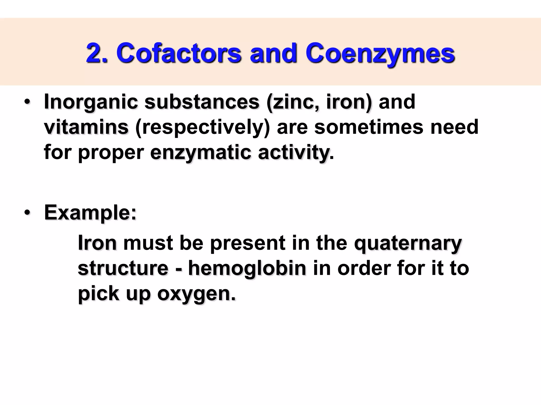 30
2. Cofactors and Coenzymes
• Inorganic substances (zinc, iron) and
vitamins (respectively) are sometimes need
for proper enzymatic activity.
• Example:
Iron must be present in the quaternary
structure - hemoglobin in order for it to
pick up oxygen.
 