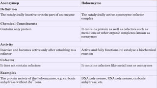 Aoenzymep Holoenzyme
Definition
The catalytically inactive protein part of an enzyme The catalytically active apoenzyme-cofactor
complex
Chemical Constituents
Contains only protein It contains protein as well as cofactors such as
metal ions or other organic complexes known as
coenzymes
Activity
Inactive and becomes active only after attaching to a
cofactor
Active and fully functional to catalyse a biochemical
reaction
Cofactor
It does not contain cofactors It contains cofactors like metal ions or coenzymes
Examples
The protein moiety of the holoenzymes, e.g. carbonic
anhydrase without Zn
2+
ions.
DNA polymerase, RNA polymerase, carbonic
anhydrase, etc.
 