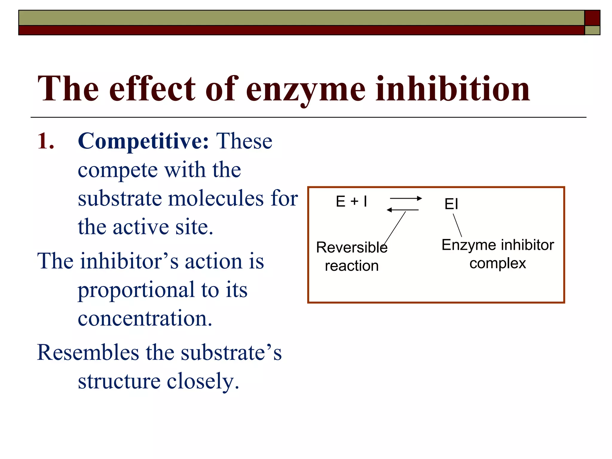 The effect of enzyme inhibition
1. Competitive: These
compete with the
substrate molecules for
the active site.
The inhibitor’s action is
proportional to its
concentration.
Resembles the substrate’s
structure closely.
Enzyme inhibitor
complex
Reversible
reaction
E + I EI
 