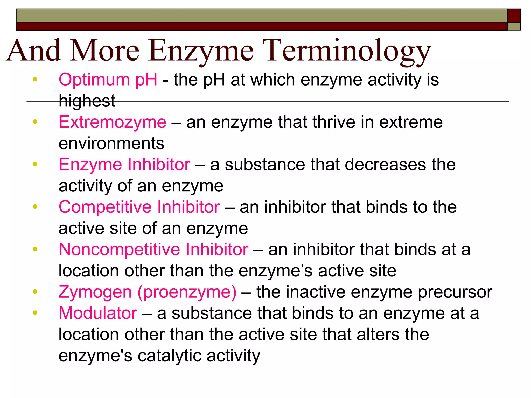 And More Enzyme Terminology
• Optimum pH - the pH at which enzyme activity is
highest
• Extremozyme – an enzyme that thrive in extreme
environments
• Enzyme Inhibitor – a substance that decreases the
activity of an enzyme
• Competitive Inhibitor – an inhibitor that binds to the
active site of an enzyme
• Noncompetitive Inhibitor – an inhibitor that binds at a
location other than the enzyme’s active site
• Zymogen (proenzyme) – the inactive enzyme precursor
• Modulator – a substance that binds to an enzyme at a
location other than the active site that alters the
enzyme's catalytic activity
 