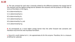 A. The rate constant for each step is inversely related to the difference between the energy level of
the reactants and the highest energy barrier between the reactants and the products of that step. In
terms of the letters in the Figure,
k1 is determined by b-a
k-1 is determined by b-c
k2 is determined by d-c
k-2 is determined by d-e
k3 is determined by f-e, and
k-3 is determined by f-g.
B. k2 corresponds to a much higher energy barrier than the other forward rate constants and
therefore must limit the rate of product formation.
c. Since k2 is small relative to k-1 , Km approximates Ks for this enzyme. Therefore, Km is a measure
of affinity for substrate
A.10
 