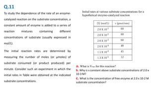 To study the dependence of the rate of an enzyme-
catalyzed reaction on the substrate concentration, a
constant amount of enzyme is added to a series of
reaction mixtures containing different
concentrations of substrate (usually expressed in
mol/L).
The initial reaction rates are determined by
measuring the number of moles (or μmoles) of
substrate consumed (or product produced) per
minute. Consider such an experiment in which the
initial rates in Table were obtained at the indicated
substrate concentrations.
Initial rates at various substrate concentrations for a
hypothetical enzyme-catalyzed reaction
a. What is Vmax for this reaction?
b. Why is v constant above substrate concentrations of 2.0 x
10-3 M?
c. What is the concentration of free enzyme at 2.0 x 10-2 M
substrate concentration?
Q.11
 