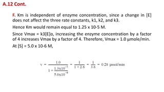 F. Km is independent of enzyme concentration, since a change in [E]
does not affect the three rate constants, k1, k2, and k3.
Hence Km would remain equal to 1.25 x 10-5 M.
Since Vmax = k3[E]o, increasing the enzyme concentration by a factor
of 4 increases Vmax by a factor of 4. Therefore, Vmax = 1.0 μmole/min.
At [S] = 5.0 x 10-6 M,
A.12 Cont.
 