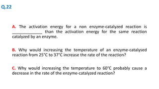 A. The activation energy for a non enzyme-catalyzed reaction is
_____________ than the activation energy for the same reaction
catalyzed by an enzyme.
B. Why would increasing the temperature of an enzyme-catalysed
reaction from 25°C to 37°C increase the rate of the reaction?
C. Why would increasing the temperature to 60°C probably cause a
decrease in the rate of the enzyme-catalyzed reaction?
Q.22
 