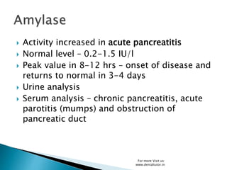  Activity increased in acute pancreatitis
 Normal level – 0.2-1.5 IU/l
 Peak value in 8-12 hrs – onset of disease and
returns to normal in 3-4 days
 Urine analysis
 Serum analysis – chronic pancreatitis, acute
parotitis (mumps) and obstruction of
pancreatic duct
For more Visit us:
www.dentaltutor.in
 
