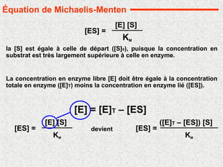 la [S] est égale à celle de départ ([S]0), puisque la concentration en
substrat est très largement supérieure à celle en enzyme.
[ES] =
[E] [S]
KM
La concentration en enzyme libre [E] doit être égale à la concentration
totale en enzyme ([E]T) moins la concentration en enzyme lié ([ES]).
[E] = [E]T – [ES]
[ES] =
[E] [S]
KM
devient [ES] =
([E]T – [ES]) [S]
KM
Équation de Michaelis-Menten
 