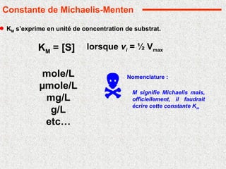 KM s’exprime en unité de concentration de substrat.
KM = [S] lorsque vi = ½ Vmax
mole/L
µmole/L
mg/L
g/L
etc…
Constante de Michaelis-Menten

Nomenclature :
M signifie Michaelis mais,
officiellement, il faudrait
écrire cette constante Km
 