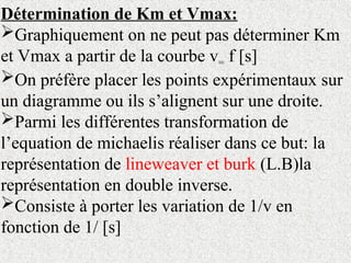 Détermination de Km et Vmax:
Graphiquement on ne peut pas déterminer Km
et Vmax a partir de la courbe v= f [s]
On préfère placer les points expérimentaux sur
un diagramme ou ils s’alignent sur une droite.
Parmi les différentes transformation de
l’equation de michaelis réaliser dans ce but: la
représentation de lineweaver et burk (L.B)la
représentation en double inverse.
Consiste à porter les variation de 1/v en
fonction de 1/ [s]
 