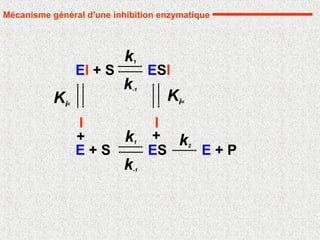 E + P
ES
k1
k-1
k2
E + S
Mécanisme général d'une inhibition enzymatique
I
EI + S
+
k1
k-1
ESI
I
+
Kiu
Kic
 