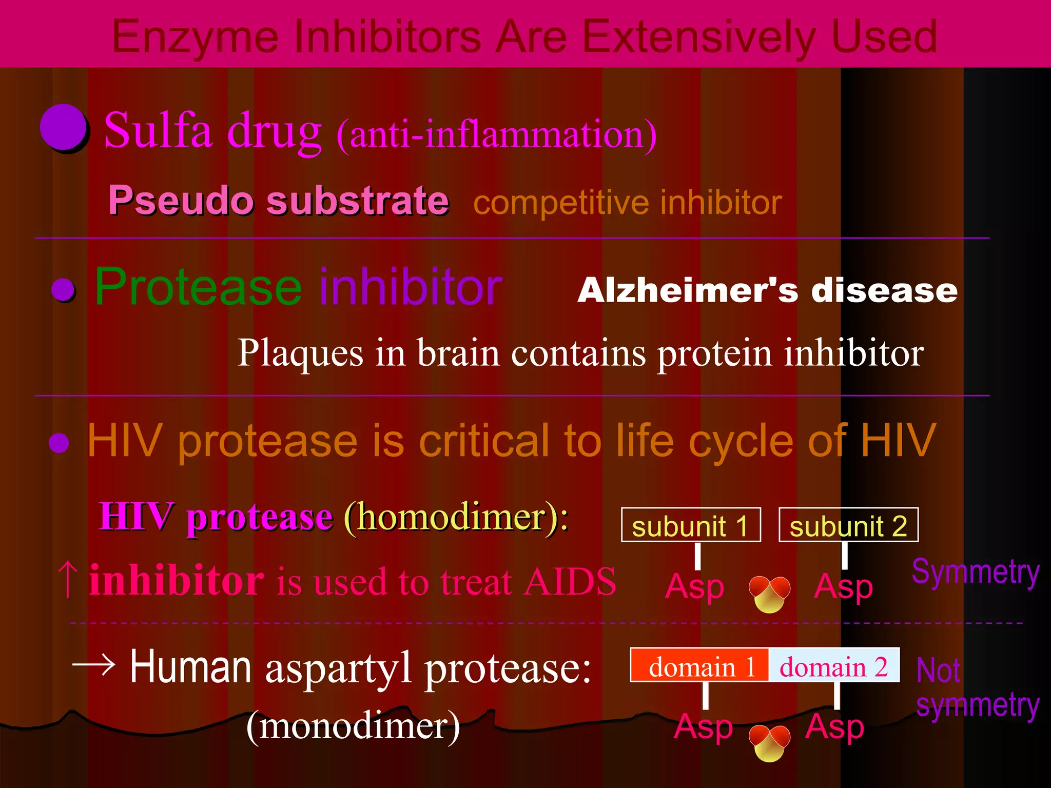 Enzyme Inhibitors Are Extensively Used

● Sulfa drug (anti-inflammation)
   Pseudo substrate competitive inhibitor

● Protease inhibitor           Alzheimer's disease
          Plaques in brain contains protein inhibitor

● HIV protease is critical to life cycle of HIV
   HIV protease (homodimer):       subunit 1   subunit 2

↑inhibitor is used to treat AIDS     Asp        Asp        Symmetry

 → Human aspartyl protease:         domain 1 domain 2 Not
                                                           symmetry
           (monodimer)                Asp       Asp
 