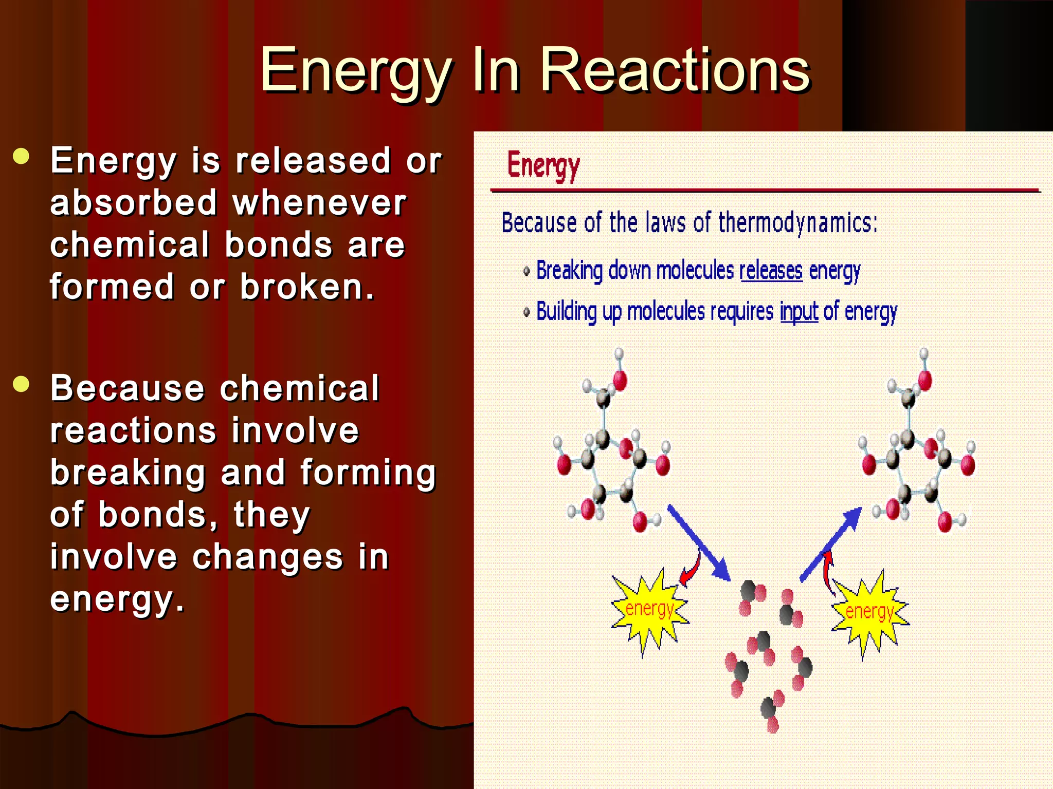Energy In Reactions
   Energy is released or
    absorbed whenever
    chemical bonds are
    formed or broken.

   Because chemical
    reactions involve
    breaking and forming
    of bonds, they
    involve changes in
    energy.
 
