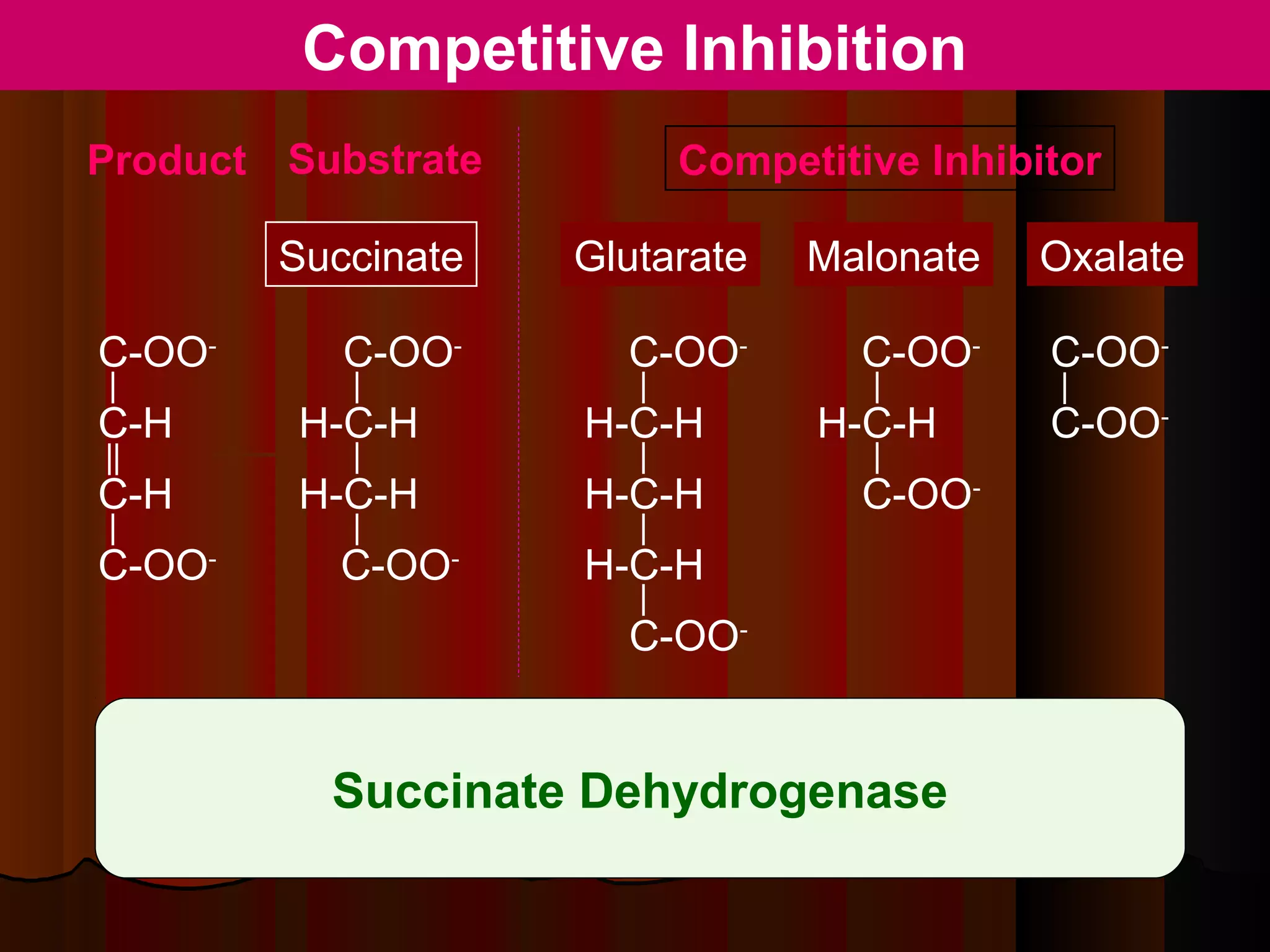 Competitive Inhibition
Product Substrate        Competitive Inhibitor

        Succinate   Glutarate   Malonate   Oxalate

C-OO-      C-OO-      C-OO-       C-OO-    C-OO-
C-H      H-C-H      H-C-H       H-C-H      C-OO-
C-H      H-C-H      H-C-H         C-OO-
C-OO-      C-OO-    H-C-H
                      C-OO-


          Succinate Dehydrogenase
 