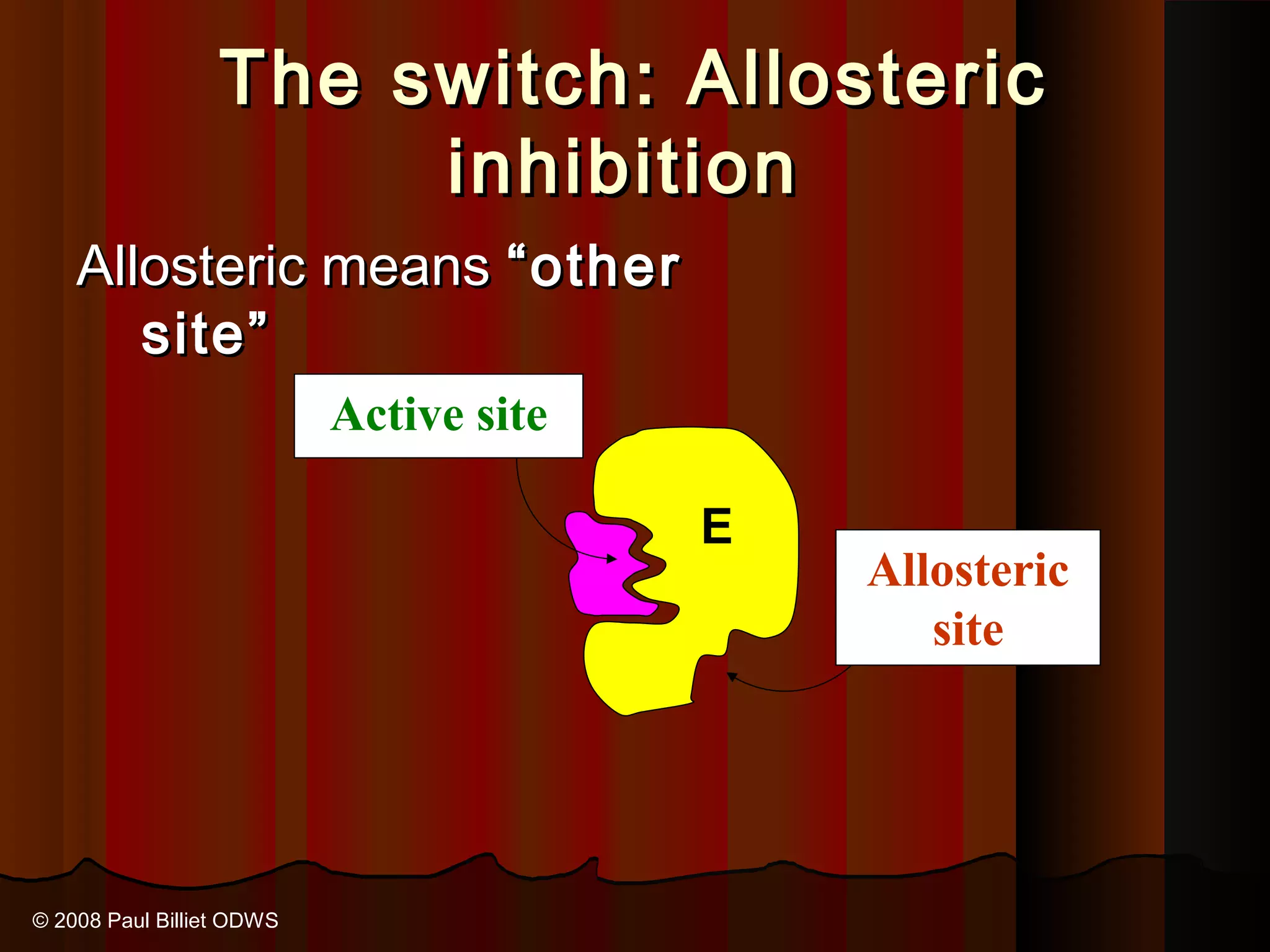 The switch: Allosteric
                       inhibition
    Allosteric means “other
       site”
                           Active site

                                         E
                                             Allosteric
                                                site




© 2008 Paul Billiet ODWS
 