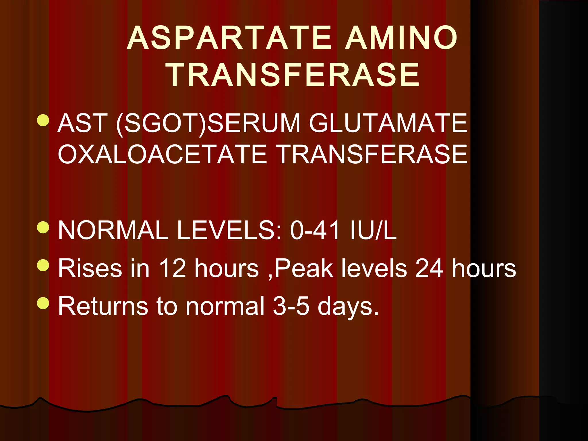 ASPARTATE AMINO
          TRANSFERASE
 AST
    (SGOT)SERUM GLUTAMATE
 OXALOACETATE TRANSFERASE

 NORMAL    LEVELS: 0-41 IU/L
 Rises in 12 hours ,Peak levels 24 hours
 Returns to normal 3-5 days.
 