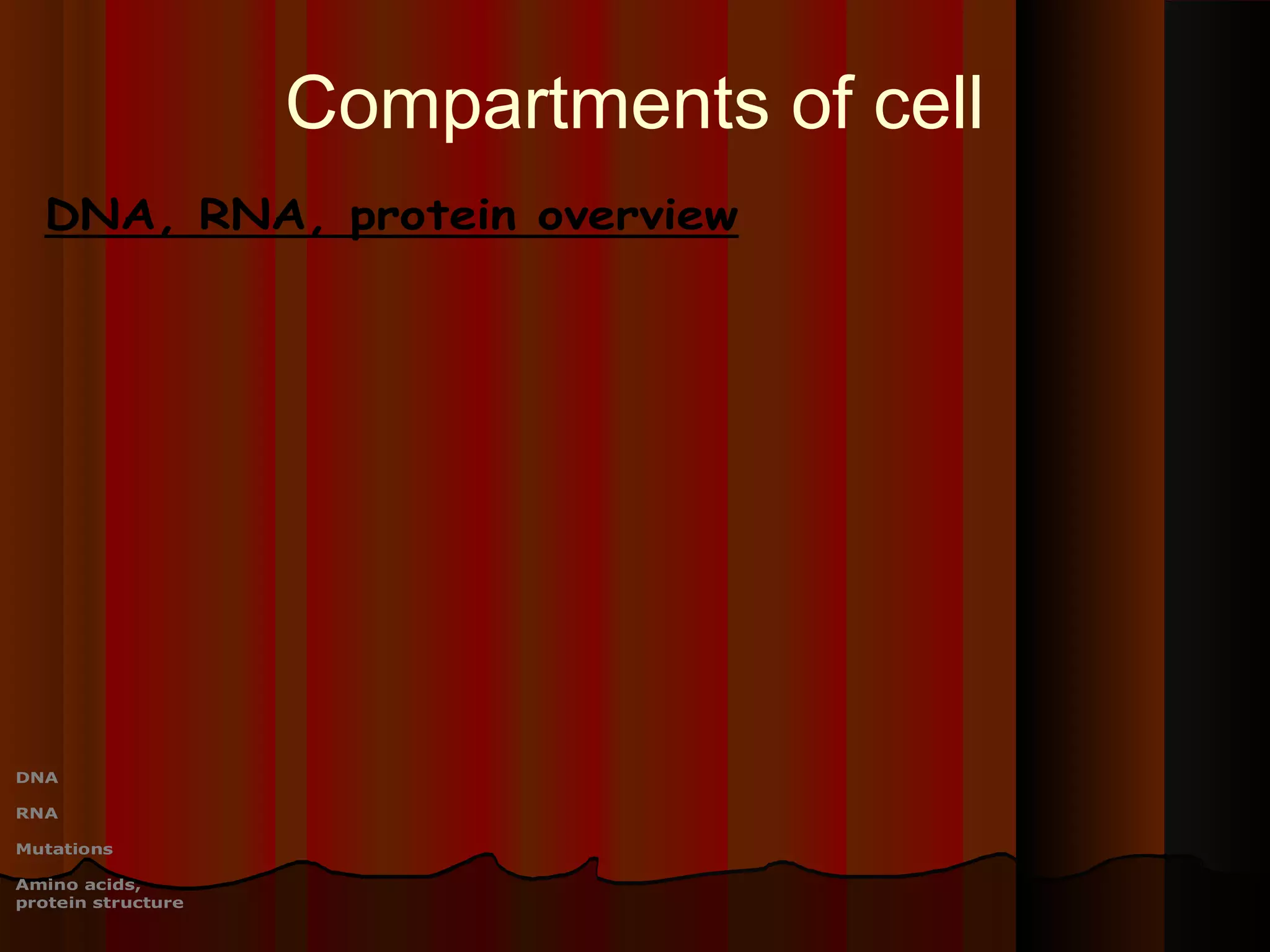 Compartments of cell
  DNA, RNA, protein overview




DNA

RNA

Mutations

Amino acids,
protein structure
 