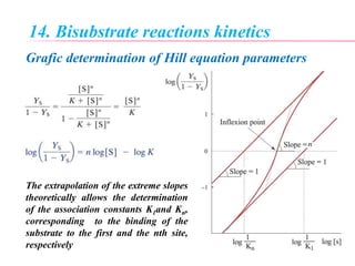 14. Bisubstrate reactions kinetics
Grafic determination of Hill equation parameters
The extrapolation of the extreme slopes
theoretically allows the determination
of the association constants K1and Kn,
corresponding to the binding of the
substrate to the first and the nth site,
respectively
 