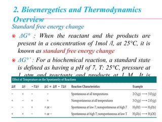 2. Bioenergetics and Thermodynamics
Overview
Standard free energy change
 ΔG° : When the reactant and the products are
present in a concentration of 1mol /l, at 25°C, it is
known as standard free energy change
 ΔG°’ : For a biochemical reaction, a standard state
is defined as having a pH of 7, T: 25°C, pressure at
1 atm and reactants and products at 1 M,. It is
called standard transformed constant.
 