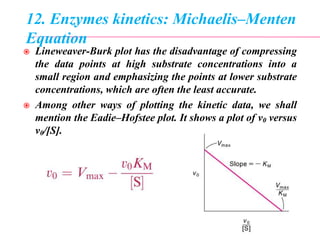 12. Enzymes kinetics: Michaelis–Menten
Equation
 Lineweaver-Burk plot has the disadvantage of compressing
the data points at high substrate concentrations into a
small region and emphasizing the points at lower substrate
concentrations, which are often the least accurate.
 Among other ways of plotting the kinetic data, we shall
mention the Eadie–Hofstee plot. It shows a plot of v0 versus
v0/[S].
 
