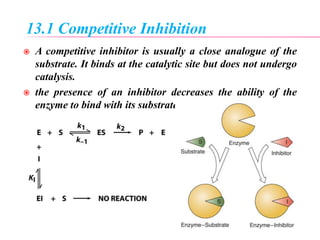13.1 Competitive Inhibition
 A competitive inhibitor is usually a close analogue of the
substrate. It binds at the catalytic site but does not undergo
catalysis.
 the presence of an inhibitor decreases the ability of the
enzyme to bind with its substrate
 