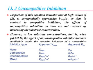 13. 3 Uncompetitive Inhibition
 Inspection of this equation indicates that at high values of
[S], vo asymptotically approaches Vmax/α’, so that, in
contrast to competitive inhibition, the effects of
uncompetitive inhibition on Vmax are not reversed by
increasing the substrate concentration.
 However, at low substrate concentrations, that is, when
[S]<<KM, the effect of an uncompetitive inhibitor becomes
negligible, again the opposite behavior of a competitive
inhibitor
 