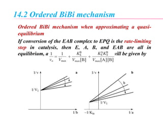 14.2 Ordered BiBi mechanism
Ordered BiBi mechanism when approximating a quasi-
equilibrium
If conversion of the EAB complex to EPQ is the rate-limiting
step in catalysis, then E, A, B, and EAB are all in
equilibrium, and the velocity of the reaction will be given by
 