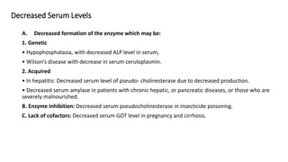 Decreased Serum Levels
A. Decreased formation of the enzyme which may be:
1. Genetic
• Hypophosphatasia, with decreased ALP level in serum,
• Wilson’s disease with decrease in serum ceruloplasmin.
2. Acquired
• In hepatitis: Decreased serum level of pseudo- cholinesterase due to decreased production.
• Decreased serum amylase in patients with chronic hepatic, or pancreatic diseases, or those who are
severely malnourished.
B. Enzyme inhibition: Decreased serum pseudocholinesterase in insecticide poisoning.
C. Lack of cofactors: Decreased serum GOT level in pregnancy and cirrhosis.
 