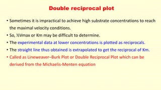 Double reciprocal plot
• Sometimes it is impractical to achieve high substrate concentrations to reach
the maximal velocity conditions.
• So, ½Vmax or Km may be difficult to determine.
• The experimental data at lower concentrations is plotted as reciprocals.
• The straight line thus obtained is extrapolated to get the reciprocal of Km.
• Called as Lineweaver–Burk Plot or Double Reciprocal Plot which can be
derived from the Michaelis-Menten equation
 