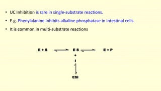 • UC Inhibition is rare in single-substrate reactions.
• E.g. Phenylalanine inhibits alkaline phosphatase in intestinal cells
• It is common in multi-substrate reactions
E + S E S E + P
+
I
ESI
 