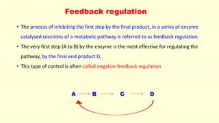 Feedback regulation
• The process of inhibiting the first step by the final product, in a series of enzyme
catalysed reactions of a metabolic pathway is referred to as feedback regulation.
• The very first step (A to B) by the enzyme is the most effective for regulating the
pathway, by the final end product D.
• This type of control is often called negative feedback regulation
A B C D
 