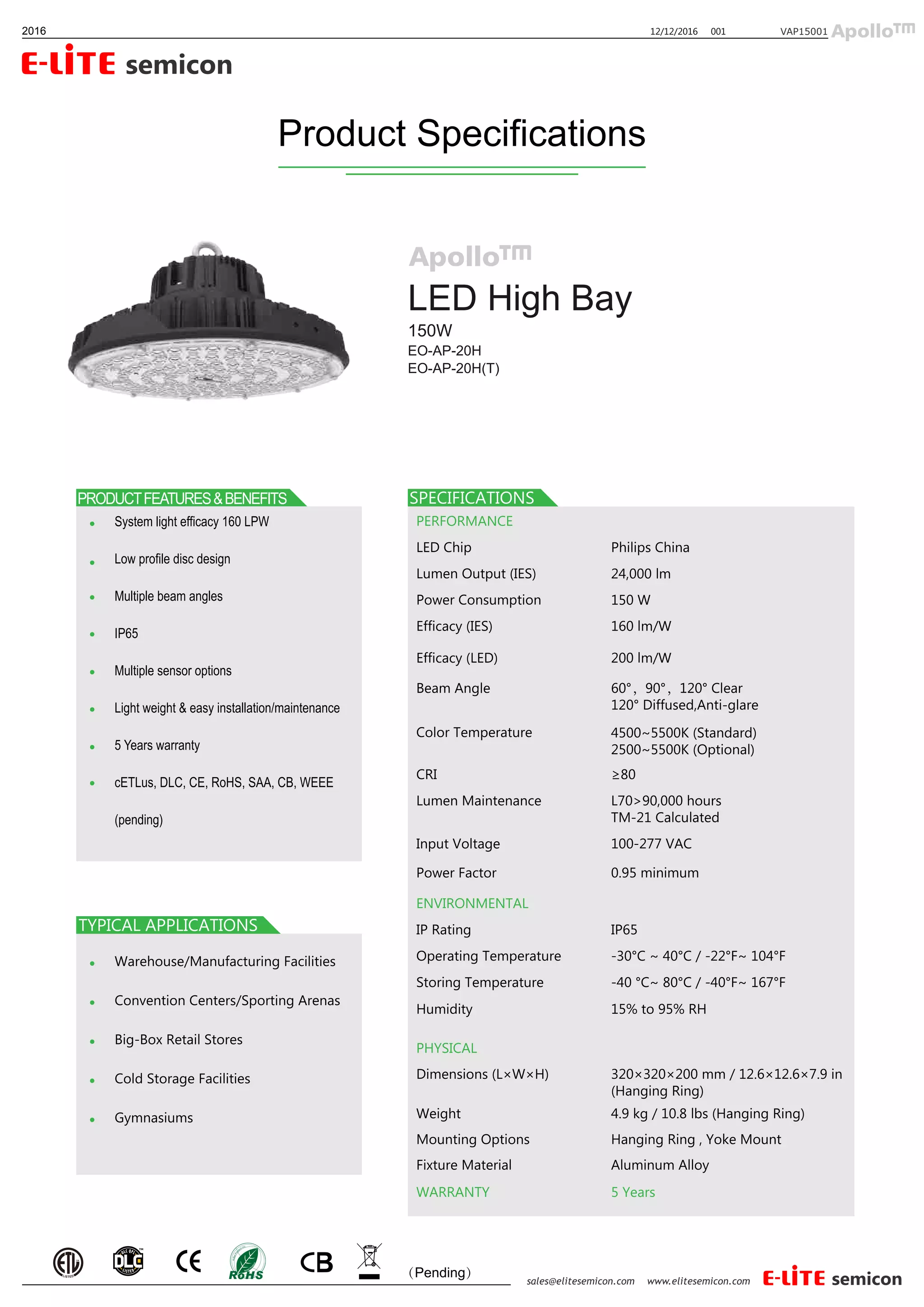 Apollo 150W LED High Bay in Elite Semiconductor PDF