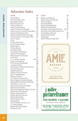 NAME PG NAME PG
ADVERTISERINDEX
68
Advertiser Index
508.428.1005
AMIEBAKERYCC.COM
Amie Bakery
At Home Elder Care
Barnstable Patriot
Bella of Cape Cod
Cahoon Museum
Cape Cod Academy
Cape Cod Animal Hospital
Cape Cod Five Cents Savings Bank
Cape Cod Package Store
Cape Cod Retractable Awnings
The Chart Room at Crosby Yacht
Corner Cycle
Crisp
Crosby Yacht Yard
Scott Crosby Builder
Edythe & Co
Fancy’s Market
Five Bays Bistro
Hairwaves of Osterville
Hansen Photography
Peter Hansen Landscape
In the Pink
E. J. Jaxtimer Builder 34-
Joyce Landscaping
Kinlin Grover Real Estate
Lampwork Glass
LenkLadner Investment Solutions
Leonard Insurance
Lightship Dental
J Miller Picture Framing
Moon Tide Massage
Nauticus Marina
T.A. Nelson Construction
New England Lifestyles Design
Nicholaeff Architecture & Design
E.B. Norris + Son, Inc.
Osterville House and Garden
Osterville Art Gallery
Osterville Edgartown Harbor Cruise
Osterville Family Dental
Oyster Harbors Marine
Oyster Island Emporium
Oyster Real Estate
Pet Poopie Pouches
Razzamatazz
Carl F. Riedell and Sons, Inc.
C.J. Riley Builder
Robert Paul Real Estate
Rockland Trust
68
61
53
55
56
30
33
52
60
36
59
9
46
58
10
65
26
47
24
54
8
39
35
62
IBC
18
57
48
24
68
18
40
45
23
27
64
BC
15
38
42
16
63
20
33
40
32
43
IFC
19
Rogers and Marney
Rotary Club of Osterville
Sara Campbell
Sea Glass Realty
Seaport Village Realty
Silvia & Silvia Builders
Sotheby’s International Reality 50-
Stand Up and Paddle Cape Cod
Stuart Rapp, Attorney
Sunderland Printing
Treescapes
William Raveis Cape Cod
4
42
67
29
14
16
51
7
29
42
49
3
Deer Crossing – 681 Falmouth Rd – Mashpee
508-539-3888 jmillerpictureframer.com
Custom Framing – Art – Restoration
 