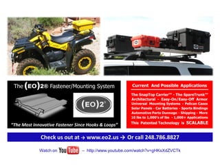 The (EO)2® Fastener/Mounting System                   Current And Possible Applications

                                                      The SnapTop Carrier™ - The SpareTrunk™
                                                      Architectural - Easy-On/Easy-Off Armor
                                                      Universal Mounting Systems - Pelican Cases
                                                      Solar Panels - Car Batteries - Sports Bindings
                                                      Automotive Parts Dunnage - Shipping - More
                                                      10 lbs to 1,000’s of lbs - 1,000+ Applications
                                                      This Patented Technology is SCALABLE
“The Most Innovative Fastener Since Hooks & Loops”

             Check us out at → www.eo2.us → Or call 248.786.8827

             Watch on            – http://www.youtube.com/watch?v=gHKsXdZVCTk
 