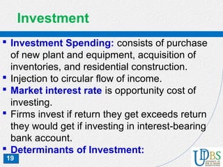 19
Investment
 Investment Spending: consists of purchase
of new plant and equipment, acquisition of
inventories, and residential construction.
 Injection to circular flow of income.
 Market interest rate is opportunity cost of
investing.
 Firms invest if return they get exceeds return
they would get if investing in interest-bearing
bank account.
 Determinants of Investment:
 