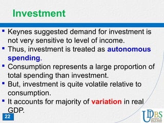 22
Investment
 Keynes suggested demand for investment is
not very sensitive to level of income.
 Thus, investment is treated as autonomous
spending.
 Consumption represents a large proportion of
total spending than investment.
 But, investment is quite volatile relative to
consumption.
 It accounts for majority of variation in real
GDP.
 