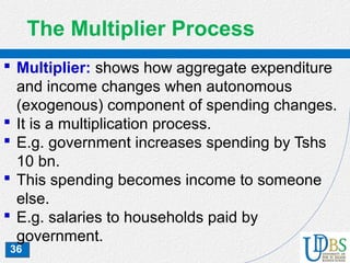 36
The Multiplier Process
 Multiplier: shows how aggregate expenditure
and income changes when autonomous
(exogenous) component of spending changes.
 It is a multiplication process.
 E.g. government increases spending by Tshs
10 bn.
 This spending becomes income to someone
else.
 E.g. salaries to households paid by
government.
 