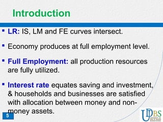 5
Introduction
 LR: IS, LM and FE curves intersect.
 Economy produces at full employment level.
 Full Employment: all production resources
are fully utilized.
 Interest rate equates saving and investment,
& households and businesses are satisfied
with allocation between money and non-
money assets.
 