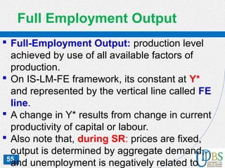 55
Full Employment Output
 Full-Employment Output: production level
achieved by use of all available factors of
production.
 On IS-LM-FE framework, its constant at Y*
and represented by the vertical line called FE
line.
 A change in Y* results from change in current
productivity of capital or labour.
 Also note that, during SR: prices are fixed,
output is determined by aggregate demand,
and unemployment is negatively related to
 