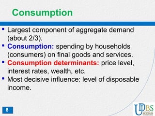 8
Consumption
 Largest component of aggregate demand
(about 2/3).
 Consumption: spending by households
(consumers) on final goods and services.
 Consumption determinants: price level,
interest rates, wealth, etc.
 Most decisive influence: level of disposable
income.
 