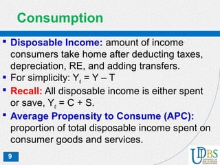9
Consumption
 Disposable Income: amount of income
consumers take home after deducting taxes,
depreciation, RE, and adding transfers.
 For simplicity: Yd = Y – T
 Recall: All disposable income is either spent
or save, Yd = C + S.
 Average Propensity to Consume (APC):
proportion of total disposable income spent on
consumer goods and services.
 