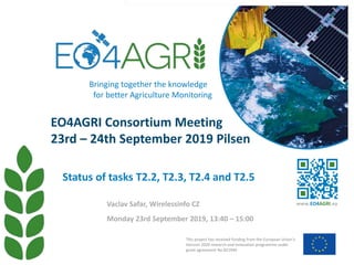EO4AGRI Consortium Meeting
23rd – 24th September 2019 Pilsen
Monday 23rd September 2019, 13:40 – 15:00
Status of tasks T2.2, T2.3, T2.4 and T2.5
Vaclav Safar, Wirelessinfo CZ
This project has received funding from the European Union’s
Horizon 2020 research and innovation programme under
grant agreement No 821940
www.EO4AGRI.eu
Bringing together the knowledge
for better Agriculture Monitoring
 