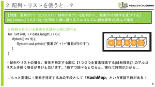 【問題：要素が5つ（2,3,6,9,15）格納されている配列から、要素が9の数字を見つける】
int[ ] data={2,3,6,9,15}; //先頭から順に調べるアルゴリズム(線形探索)を組んだ場合
// 格納されている要素を先頭から順に調べる
for（int i=0; i < data.length; i++) {
if(data[i] == 9) {
System.out.println(“要素の” + i +”番目が9です”);
}
}
・配列やリストの場合、要素を特定する際に【1つづつ全要素探索する(線形探索)】のアルゴ
リズムを使う場合が多いと思います。1個ずつ調べるとなると、実行に時間がかかる…
→ もっと高速に！要素を特定する為の手段として「HashMap」という実装手段がある！
4
2. 配列・リストを使うと…？
【実行結果】
２ 3 6 9
1
5
 