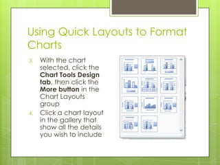 Using Quick Layouts to Format
Charts
3.   With the chart
     selected, click the
     Chart Tools Design
     tab, then click the
     More button in the
     Chart Layouts
     group
4.   Click a chart layout
     in the gallery that
     show all the details
     you wish to include
 