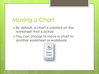 Moving a Chart
 Bydefault, a chart is created on the
  worksheet that is active
 You can choose to move a chart to
  another worksheet or workbook.
 
