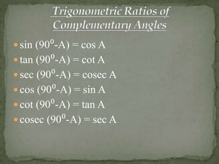  sin (90⁰-A) = cos A 
 tan (90⁰-A) = cot A 
 sec (90⁰-A) = cosec A 
 cos (90⁰-A) = sin A 
 cot (90⁰-A) = tan A 
 cosec (90⁰-A) = sec A 
 