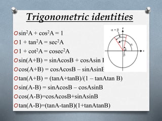 Trigonometric identities 
Osin2A + cos2A = 1 
O1 + tan2A = sec2A 
O1 + cot2A = cosec2A 
Osin(A+B) = sinAcosB + cosAsin B 
Ocos(A+B) = cosAcosB – sinAsinB 
Otan(A+B) = (tanA+tanB)/(1 – tanAtan B) 
Osin(A-B) = sinAcosB – cosAsinB 
Ocos(A-B)=cosAcosB+sinAsinB 
Otan(A-B)=(tanA-tanB)(1+tanAtanB) 
 